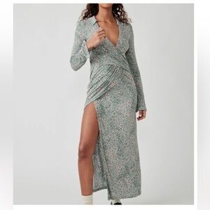 Free People NWT Mint Print Shayla Faux Wrap‎ Maxi Long Sleeve Wrap Dress